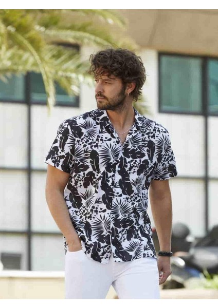 Siyah Erkek Regular Fit Küba Yaka Kısa Kol Gömlek