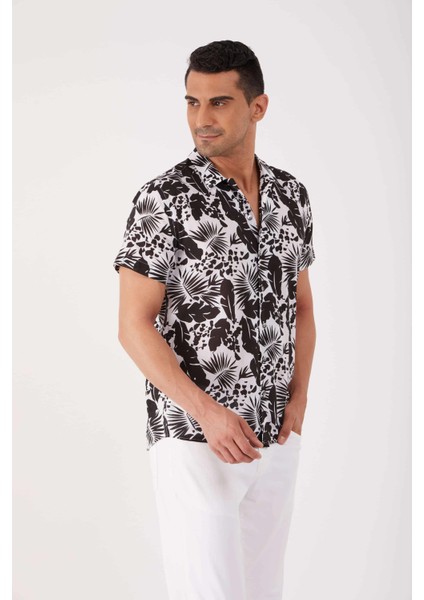 Siyah Erkek Regular Fit Küba Yaka Kısa Kol Gömlek fiyatları