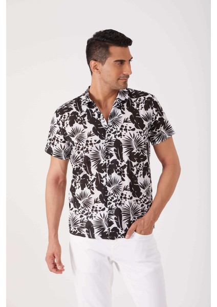 Siyah Erkek Regular Fit Küba Yaka Kısa Kol Gömlek modelleri
