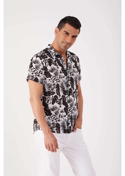 Siyah Erkek Regular Fit Küba Yaka Kısa Kol Gömlek fırsatları