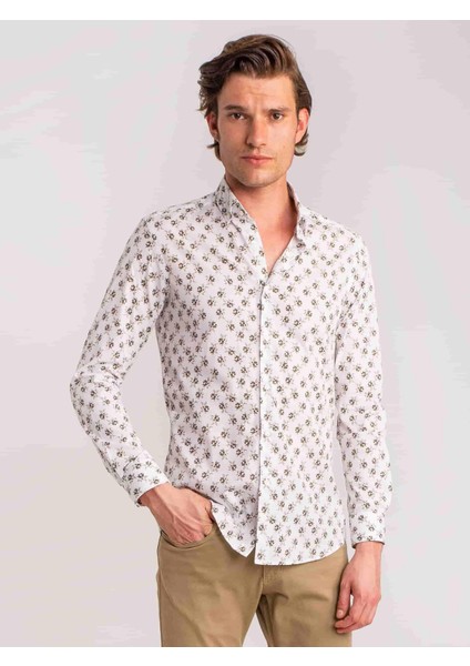 Haki Erkek Slim Fit Brent Düğmeli Yaka Uzun Kol Gömlek
