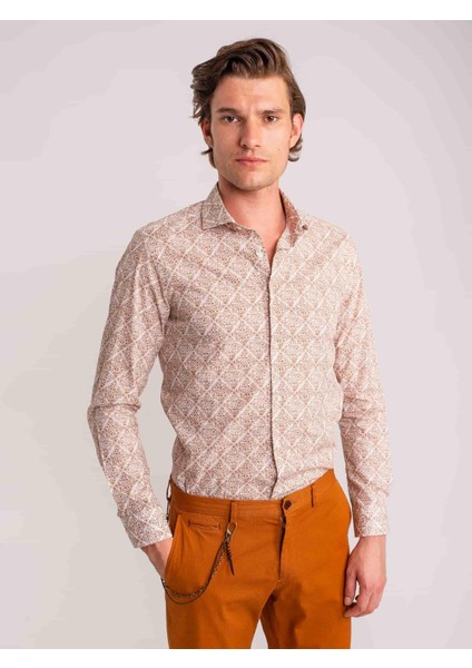 Kahve Erkek Slim Fit Paul Yaka Uzun Kol Gömlek