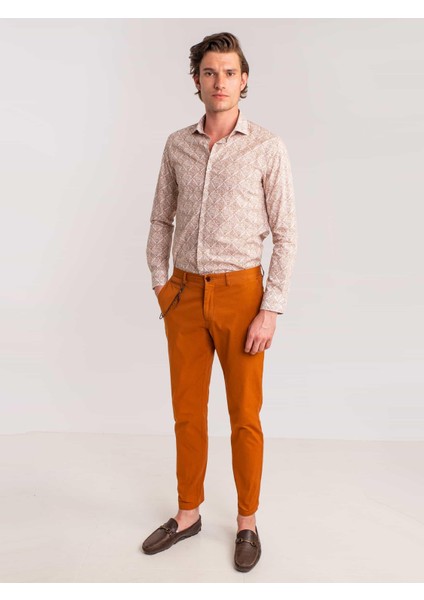 Kahve Erkek Slim Fit Paul Yaka Uzun Kol Gömlek modelleri