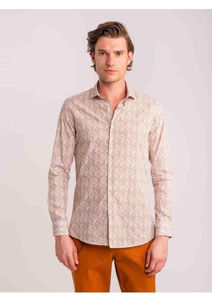Kahve Erkek Slim Fit Paul Yaka Uzun Kol Gömlek indirimleri