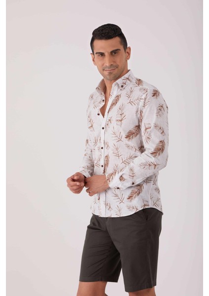 Kahve Erkek Regular Fit Brent Düğmeli Yaka Uzun Kol Gömlek