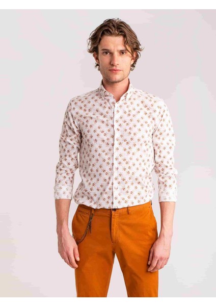 Kahve Erkek Slim Fit Brent Düğmeli Yaka Gömlek