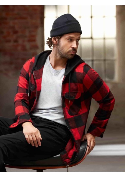 Kırmızı Erkek Regular Fit Kapüşonlu Oduncu Gömlek