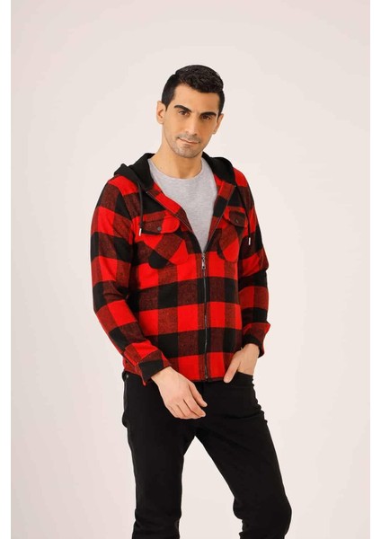 Kırmızı Erkek Regular Fit Kapüşonlu Oduncu Gömlek modelleri