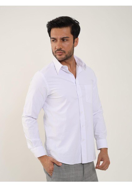 Beyaz Erkek Regular Fit Brent Yaka Uzun Kol Gömlek fırsatları