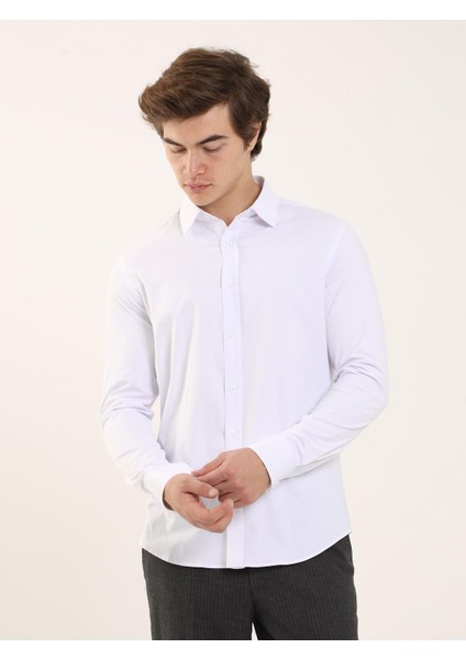Beyaz Erkek Slim Fit Düz Klasik Yaka Uzun Kol Gömlek fiyatları