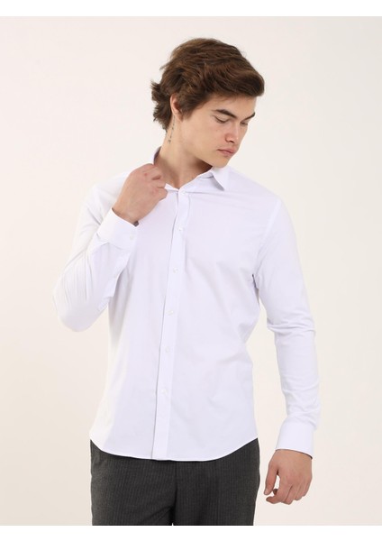 Beyaz Erkek Slim Fit Düz Klasik Yaka Uzun Kol Gömlek fırsatları