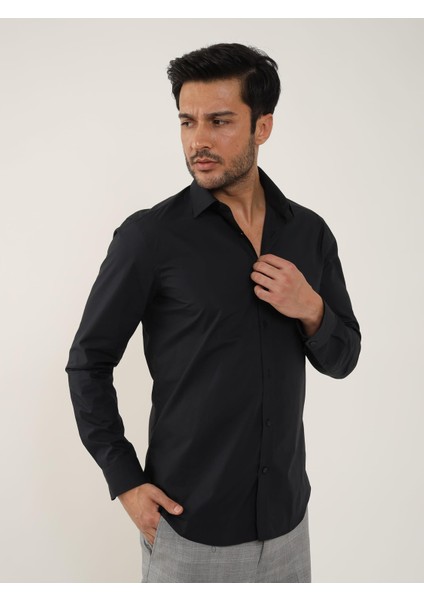 Slim Fit Gömlek Yaka Siyah Erkek Gömlek DU1999011029