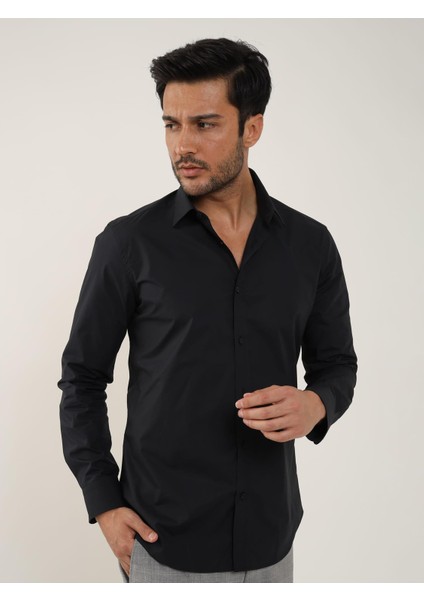 Slim Fit Gömlek Yaka Siyah Erkek Gömlek DU1999011029 fiyatları