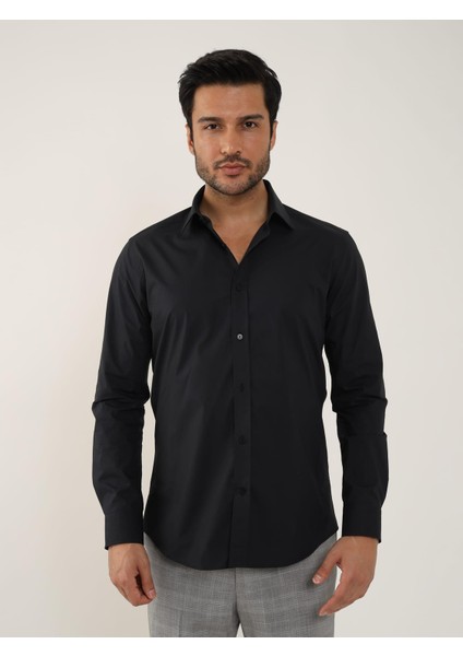 Slim Fit Gömlek Yaka Siyah Erkek Gömlek DU1999011029 modelleri