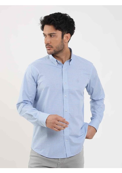 Regular Fit Düğmeli Yaka Mavi Erkek Gömlek DU1234013010