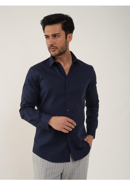 Lacivert Erkek Slim Fit Düz Klasik Yaka Uzun Kol Gömlek