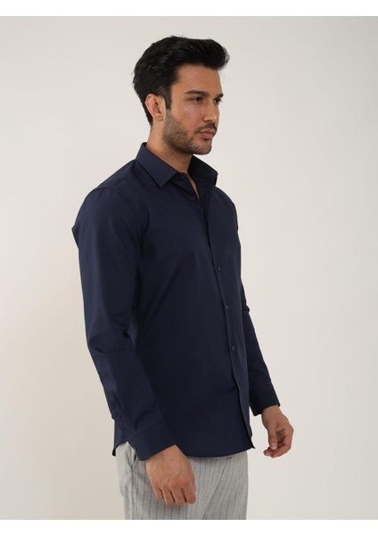 Lacivert Erkek Slim Fit Düz Klasik Yaka Uzun Kol Gömlek modelleri