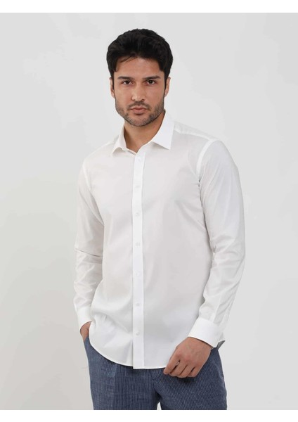 Beyaz Erkek Slim Fit Düz Klasik Yaka Uzun Kol Gömlek