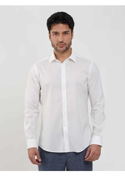 Beyaz Erkek Slim Fit Düz Klasik Yaka Uzun Kol Gömlek fiyatları