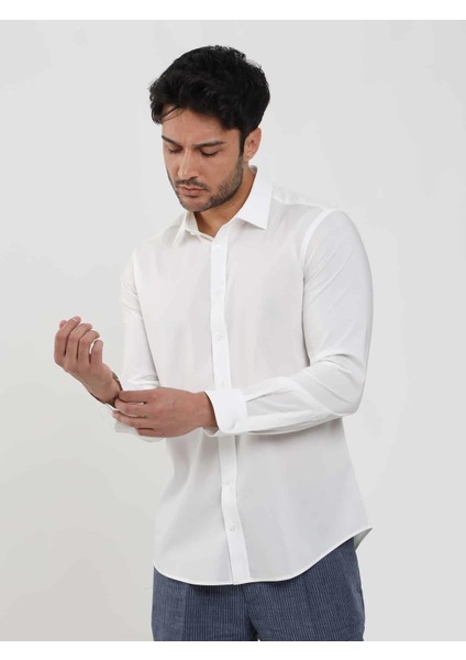 Beyaz Erkek Slim Fit Düz Klasik Yaka Uzun Kol Gömlek modelleri