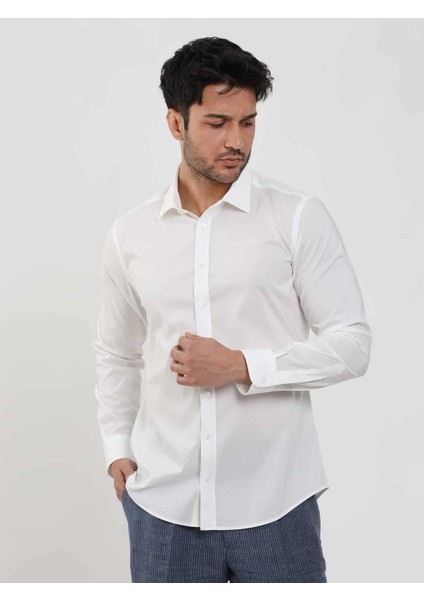 Beyaz Erkek Slim Fit Düz Klasik Yaka Uzun Kol Gömlek fırsatları