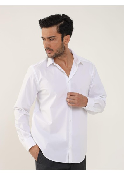 Regular Fit Düz Yaka Düz Beyaz Erkek Gömlek DU1999011036