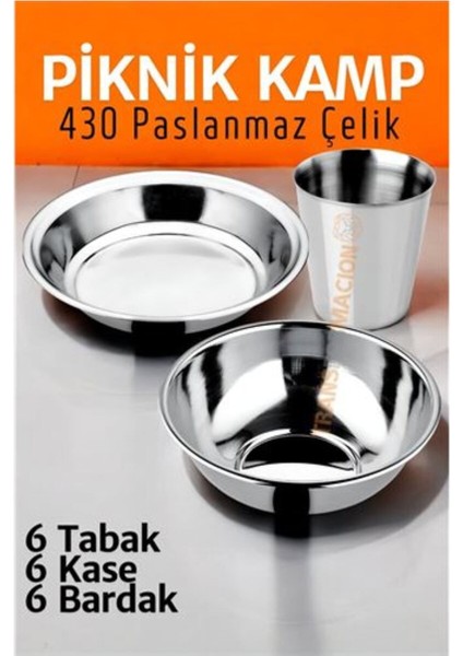 Renkli Paslanmaz Çelik Tabak Kase Bardak Seti 18'li, Kamp ve Piknik Için Ideal