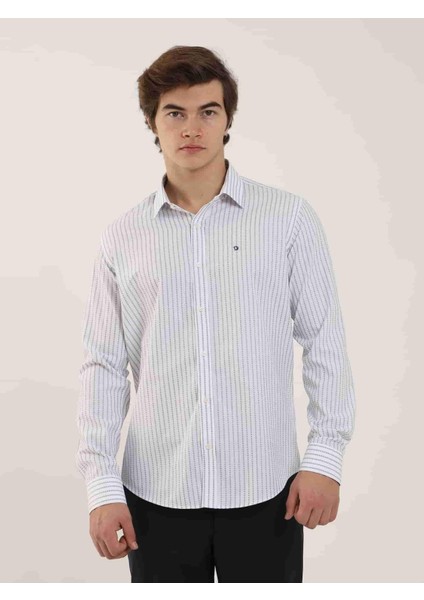 Beyaz Erkek Slim Fit Çizgili Brent Yaka Uzun Kol Gömlek