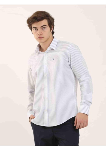 Beyaz Erkek Slim Fit Çizgili Brent Yaka Uzun Kol Gömlek fiyatları