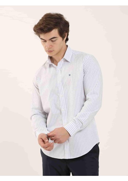 Beyaz Erkek Slim Fit Çizgili Brent Yaka Uzun Kol Gömlek modelleri