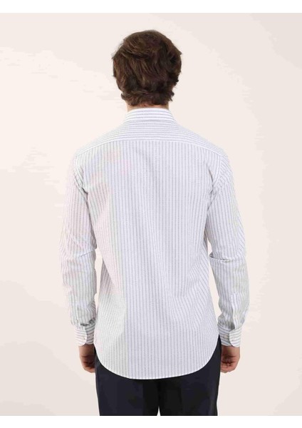 Beyaz Erkek Slim Fit Çizgili Brent Yaka Uzun Kol Gömlek fırsatları