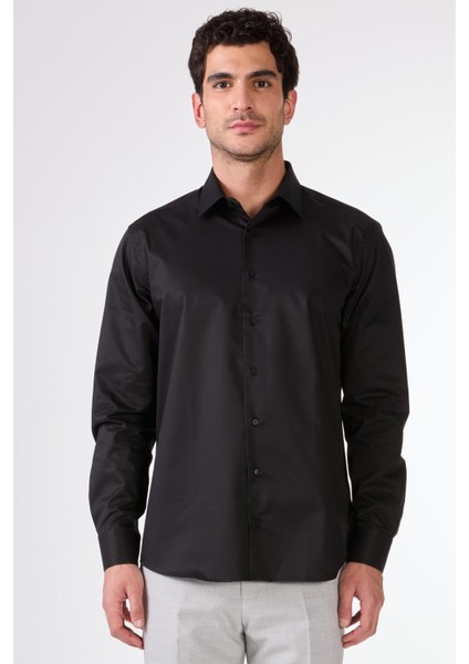 Siyah Erkek Regular Fit Klasik Yaka Uzun Kol Gömlek