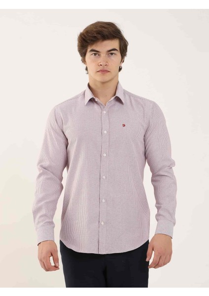 Bordo Erkek Slim Fit Çizgili Brent Yaka Uzun Kol Gömlek