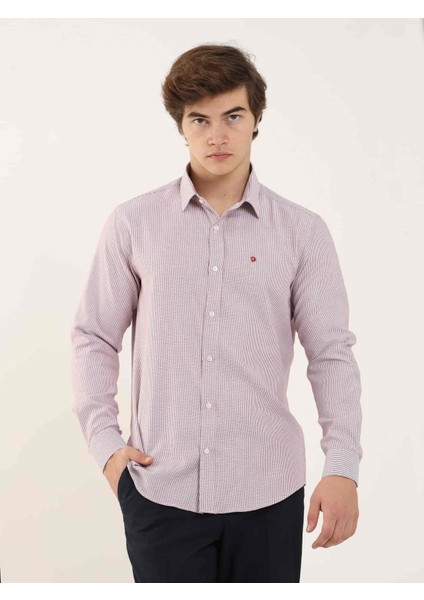 Bordo Erkek Slim Fit Çizgili Brent Yaka Uzun Kol Gömlek modelleri