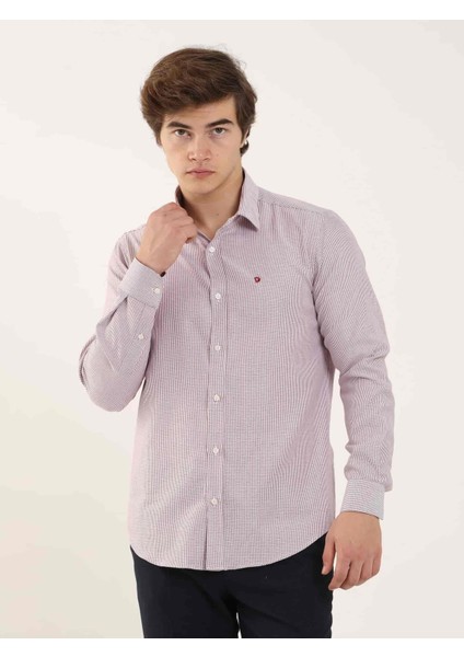 Bordo Erkek Slim Fit Çizgili Brent Yaka Uzun Kol Gömlek fırsatları