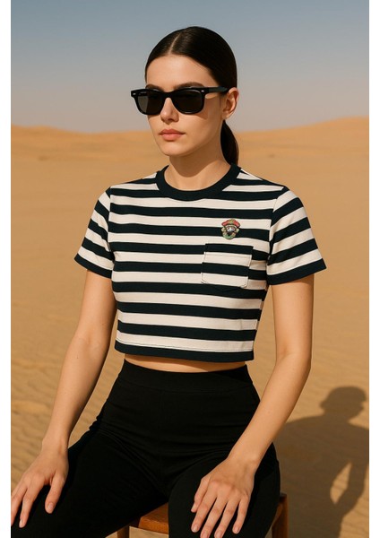 Ayıcık Cep Detay Çizgili Crop Bluz