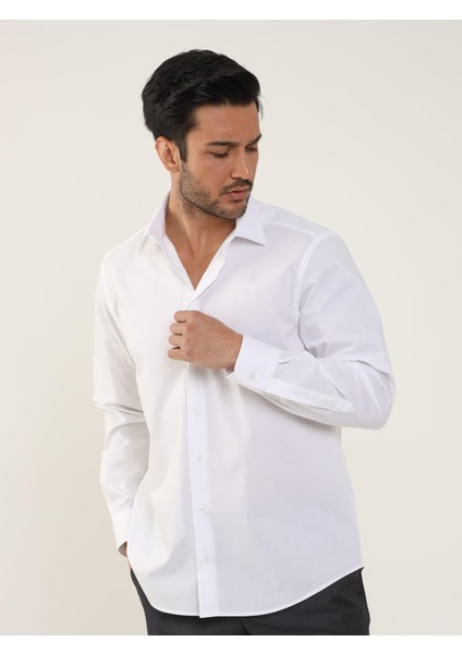Regular Fit Düz Yaka Düz Beyaz Erkek Gömlek DU1999011036 fırsatları