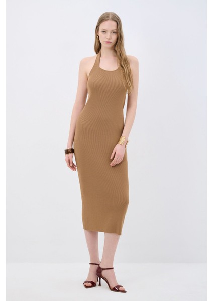 Halter Yaka Triko Elbise Camel 12445178000