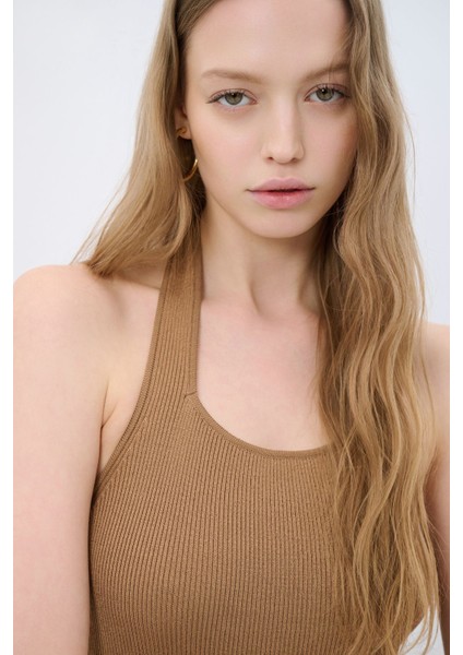 Halter Yaka Triko Elbise Camel 12445178000 modelleri