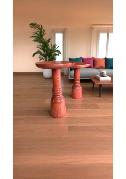 2li Ahşap Mantar Sehpa Seti Maun Renk Yan Sehpa Takımı