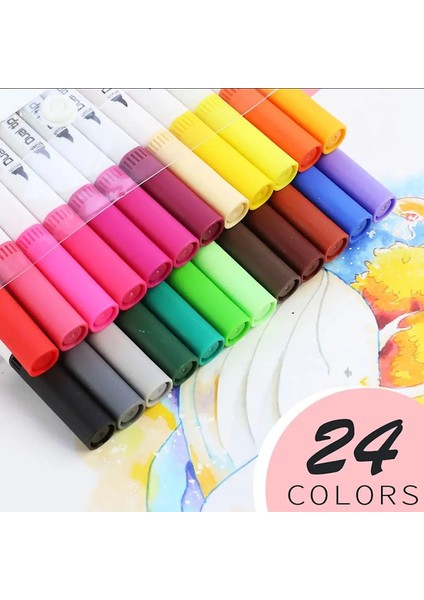 12-100 Pcs Renkli Sanat Işaretçisi Çizim Manga Işaretçileri Çizim Set Çift Kafa Suluboya Boya Fırçası Kalem Sarf Malzemesi Kırtasiye Renk: 24 Renk (Yurt Dışından)