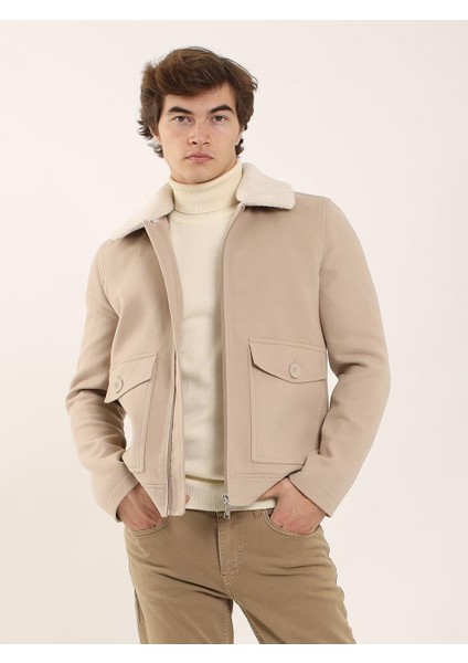 Bej Erkek Regular Fit Düz Klasik Kürklü Yaka Kaban