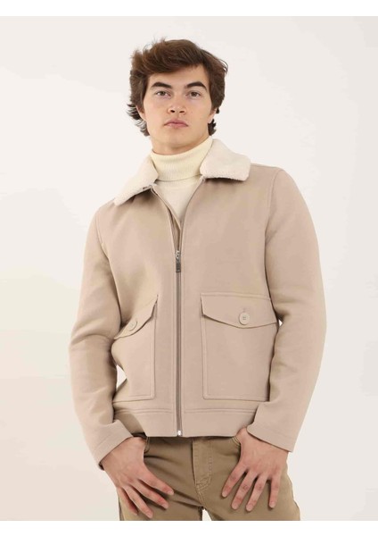 Bej Erkek Regular Fit Düz Klasik Kürklü Yaka Kaban fiyatları