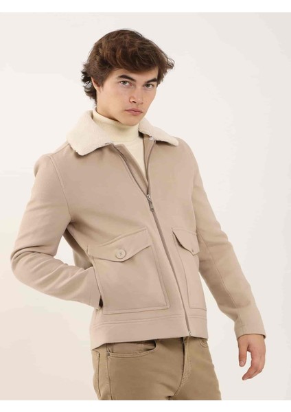 Bej Erkek Regular Fit Düz Klasik Kürklü Yaka Kaban modelleri