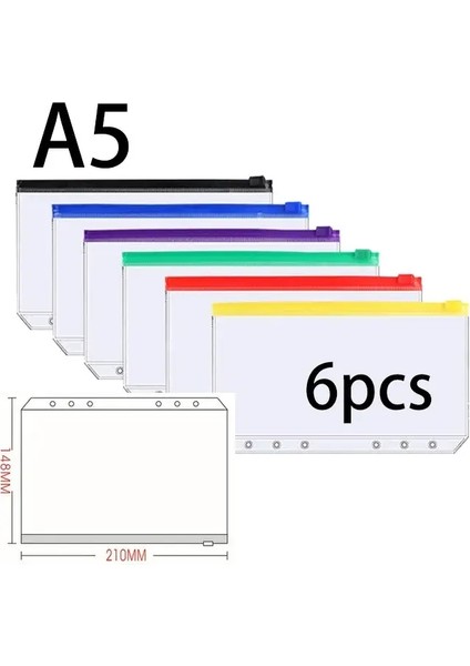 A5 A6 A7 Fermuar Gevşek Yaprak Torbaları 6 Delik Bağlayıcı Cepler Plastik Bağlayıcı Fermuar Klasörleri Su Geçirmez Belgeler Defterler Kartlar Renk: A5 6pcs B (Yurt Dışından)