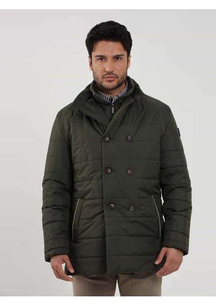 Haki Erkek Regular Fit Düz Kapüşonlu Şişme Mont