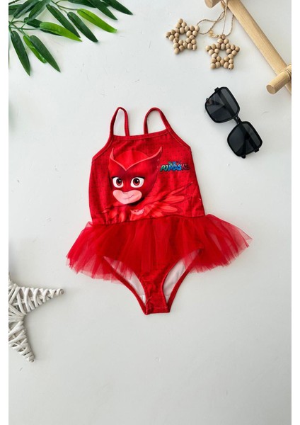 Tüllü Pjmsk Baskılı Kız Çocuk mayo bikini - Kırmızı