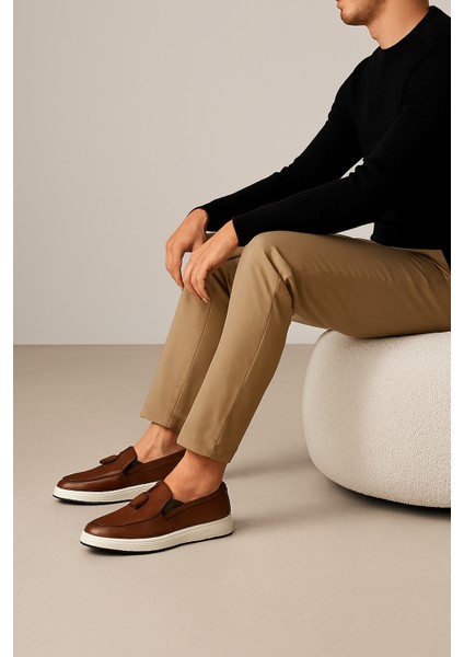 GR0318 Hakiki Deri Hafif Beyaz Poli Taban Yazlık Erkek Püsküllü Üst Kalite Loafer Ayakkabı