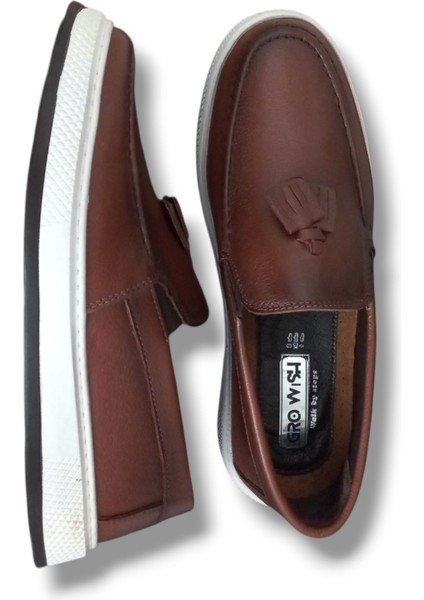 GR0318 Hakiki Deri Hafif Beyaz Poli Taban Yazlık Erkek Püsküllü Üst Kalite Loafer Ayakkabı