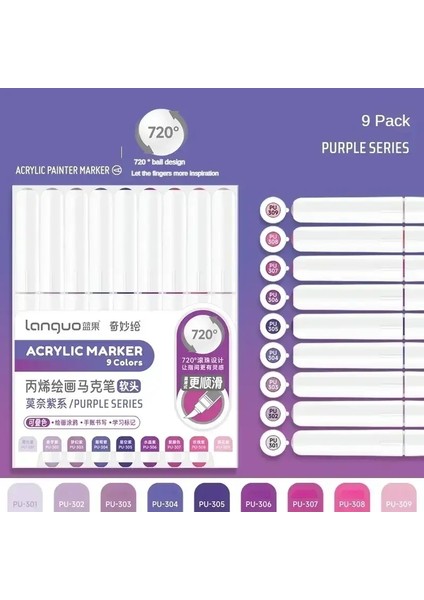 Poundo 240/9 Renkler Doğrudan Sıvı Akrilik Boya Kalemleri Fırça Fırçası Renk Işaretleyici Kalem Seramik Diy Sanat Malzemeleri Kırtasiye Renk: Mor Serisi (Yurt Dışından)